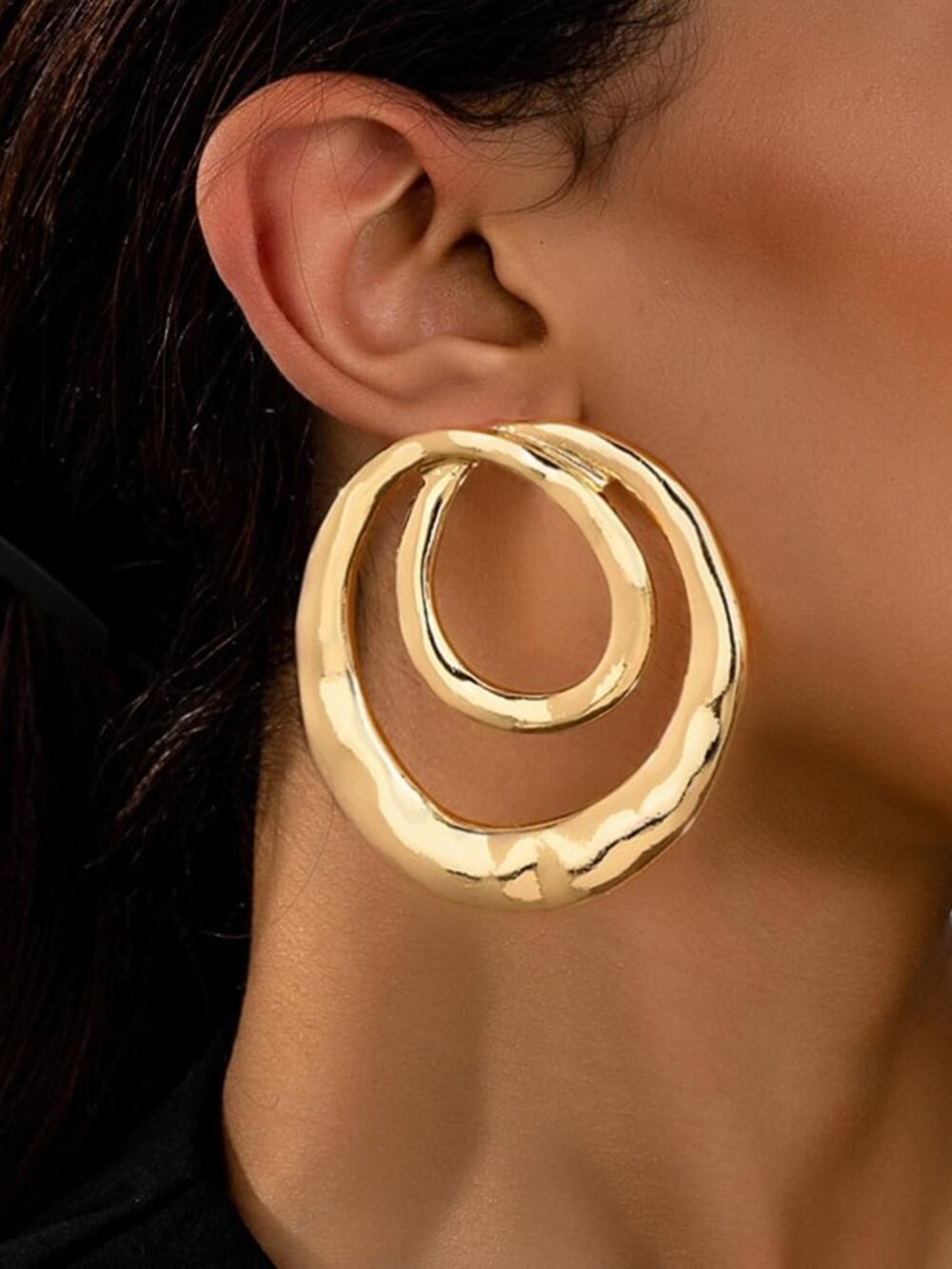 Chunky Gold Large Statement Earrings for Women Vintage Simple Big Circle Drop Ha - Picture 2 of 8